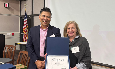 Completion certificate for LLNJ’s PM Fundamentals + AI Integration Bootcamp, presented by Sam Sena (left) to Beata Barrasso, Summit Public Library