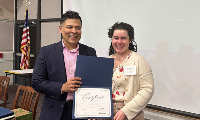 Completion certificate for LLNJ’s PM Fundamentals + AI Integration Bootcamp, presented by Sam Sena (left) to Annaliese Cuneo, Virtua Health Sciences Library