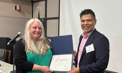 Completion certificate for LLNJ’s PM Fundamentals + AI Integration Bootcamp, presented by Sam Sena (right) to Mary Fran Daley, Bernardsville Public Library