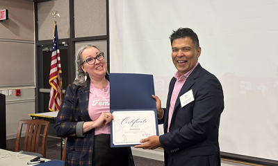 Completion certificate for LLNJ’s PM Fundamentals + AI Integration Bootcamp, presented by Sam Sena (right) to Michelle Malone, Leonia Public Library