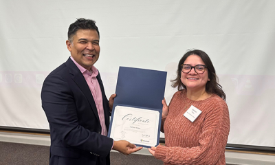 Completion certificate for LLNJ’s PM Fundamentals + AI Integration Bootcamp, presented by Sam Sena (left) to Kathleen Melgar, Asbury Park Public Library